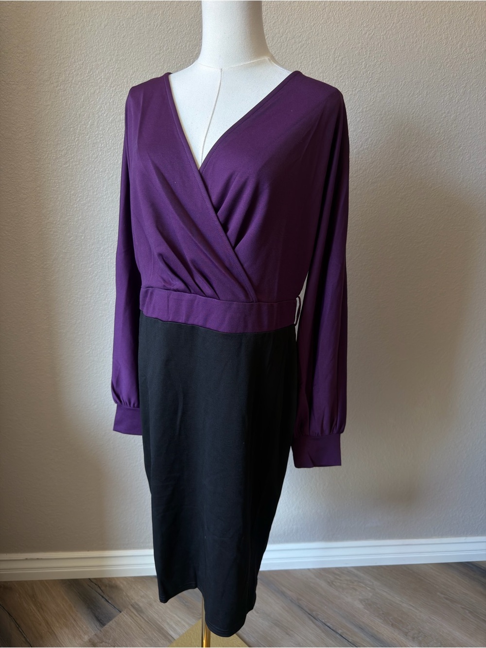 NWT Grace Karin Purple and Black Wrap Midi Dress, Large - Picture 3 of 9